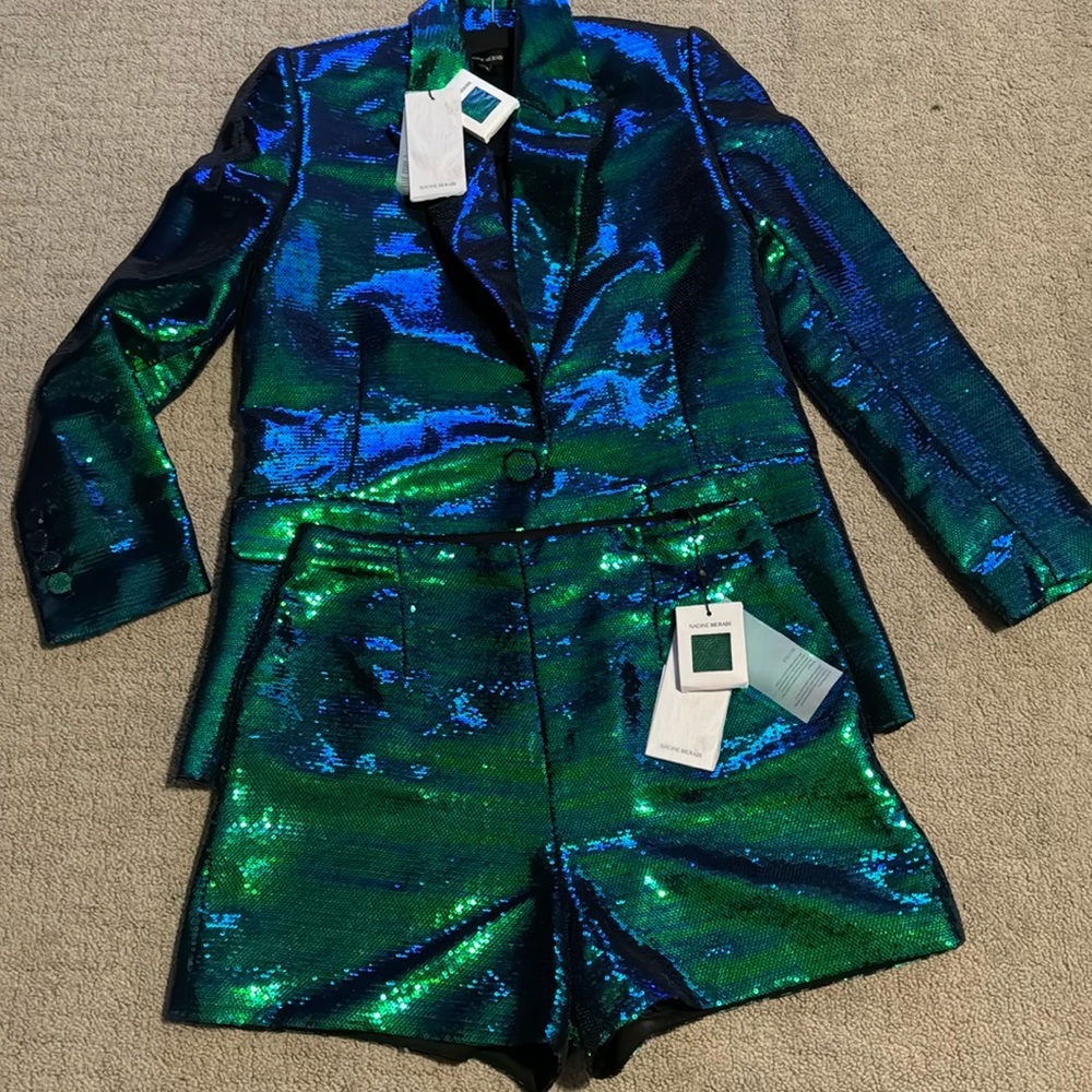 NADINE MERABI Iridescent Sequin Blazer & Shorts Set in Green and Blue
